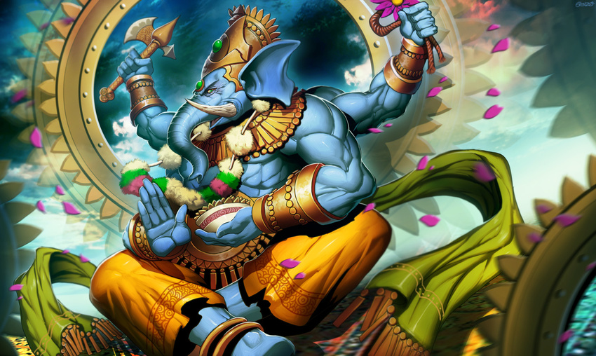 animal_head anklet axe blue_skin bracer commentary elephant english_commentary ganesha_(mythology) genzoman god green_eyes hindu_mythology hinduism jewelry male_focus multiple_arms muscle open_mouth petals rope sitting solo tusks weapon