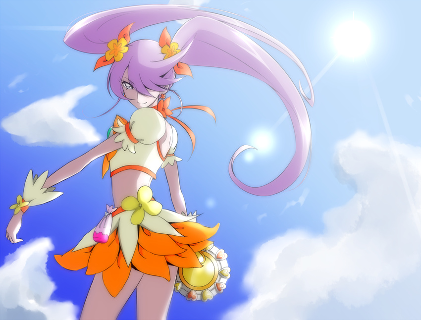 bow choker cloud cloudy_sky cosplay cure_moonlight cure_sunshine cure_sunshine_(cosplay) day hair_over_one_eye hair_ribbon heartcatch_precure! lavender_hair long_hair looking_at_viewer magical_girl midriff orange_bow orange_choker precure purple_eyes ribbon skirt sky smile solo tsukikage_oyama tsukikage_yuri twintails wrist_cuffs