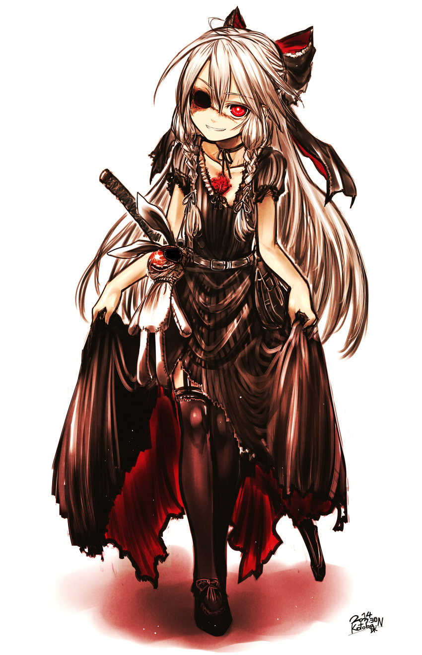 absurdres ahoge black_dress black_legwear braid curtsey dress eye_socket eyepatch garter_straps hair_ribbon hatamoto_(kotoba) highres hinomaru_(kotoba) katana kotoba_noriaki long_hair looking_at_viewer missing_eye neck_ribbon original red_eyes revision ribbon scar silver_hair simple_background skirt skirt_hold smile solo stuffed_animal stuffed_bunny stuffed_toy sword thighhighs twin_braids very_long_hair weapon white_background