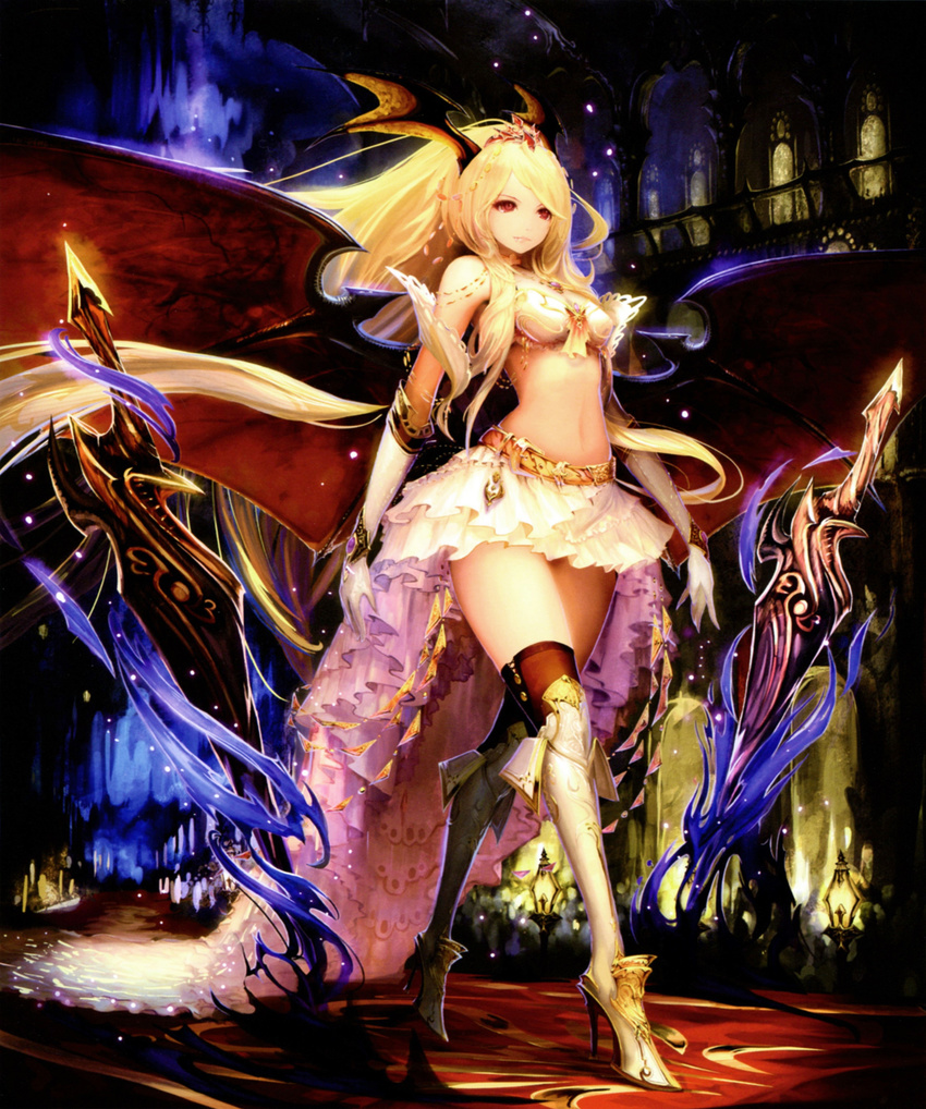 absurdres bare_shoulders black_legwear blonde_hair boots choker cygames frilled_skirt frills full_body gloves greaves hair_ornament head_wings high_heel_boots high_heels highres long_hair midriff navel queen_vampire_(shadowverse) red_eyes scan shadowverse shingeki_no_bahamut skirt solo strapless sword tachikawa_mushimaro thighhighs tiara tubetop very_long_hair walking weapon white_gloves wings