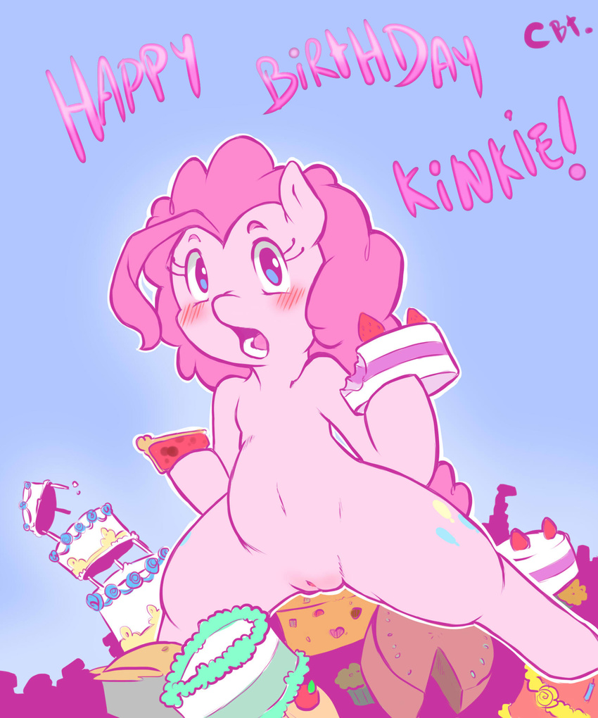 2014 blue_eyes blush cake cold-blooded-twilight cutie_mark dessert earth_pony english_text equine female food friendship_is_magic fur hair horse looking_at_viewer mammal my_little_pony nude open_mouth pie pink_fur pink_hair pinkie_pie_(mlp) plain_background pony pussy solo strawberry text