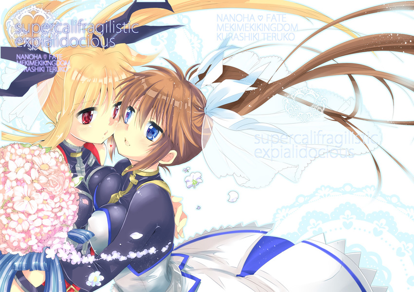 2girls artist_request blonde_hair blue_eyes bouquet brown_hair cover cover_page doujin_cover fate_testarossa female flower hair_ornament long_hair looking_at_another lyrical_nanoha mahou_senki_lyrical_nanoha_force mahou_shoujo_lyrical_nanoha mahou_shoujo_lyrical_nanoha_strikers mahou_shoujo_lyrical_nanoha_vivid marriage multiple_girls pigtails red_eyes takamachi_nanoha tsunpun twintails wedding yuri