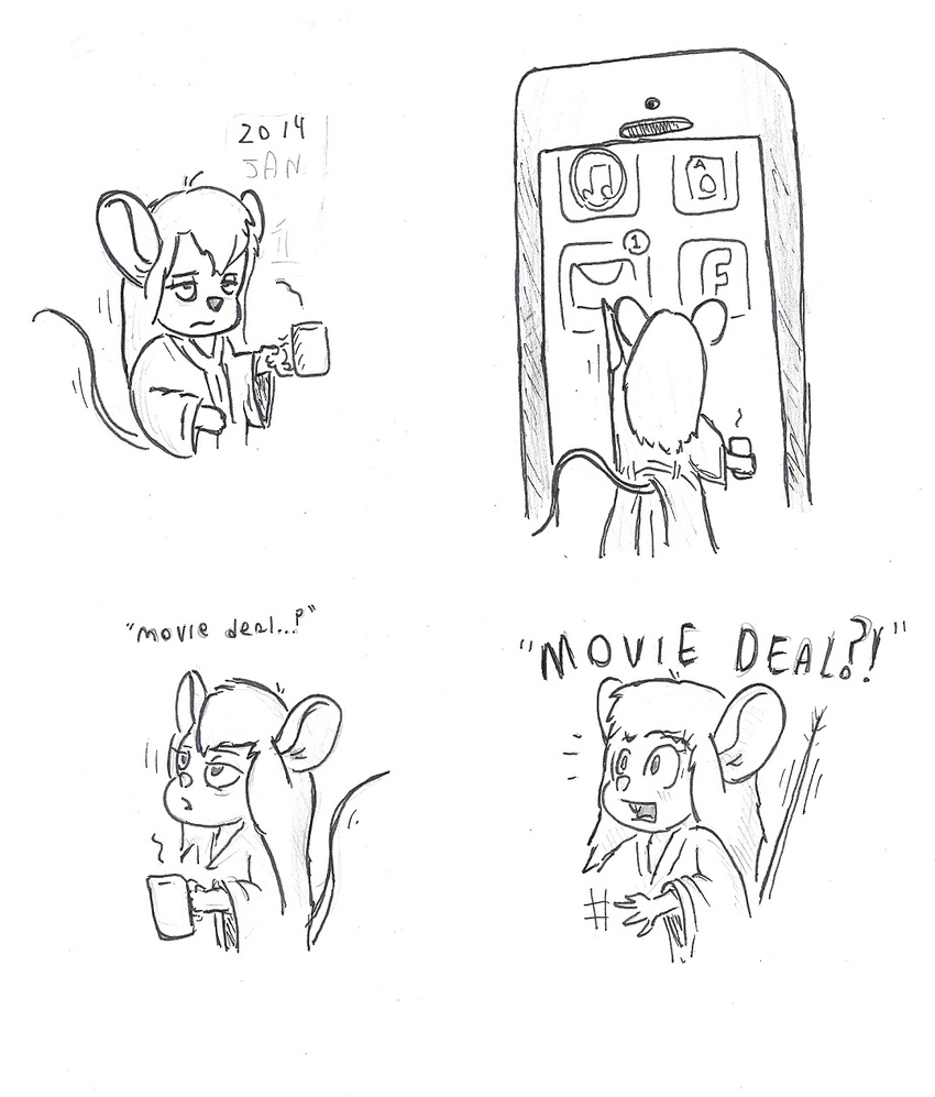 2014 bathrobe cellphone chip_'n_dale_rescue_rangers coffee disney english_text female gadget_hackwrench mammal monochrome mouse phone rescue_rangers rodent solo text unknown_artist