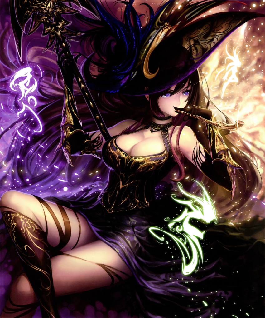 absurdres bare_shoulders black_dress black_gloves black_hair boots choker cleavage_cutout crossed_legs dress elbow_gloves fairy gloves hat highres kiseru knee_boots long_hair merlin_(shadowverse) pipe pipe_in_mouth purple_eyes scan shadowverse shingeki_no_bahamut sitting solo staff tachikawa_mushimaro very_long_hair witch_hat