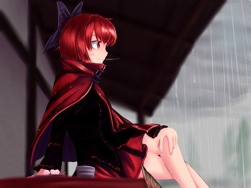 1girl arm_support bare_legs blouse bow cape cloud cloudy_sky commentary_request crossed_legs cup dango food hair_bow hand_on_leg high_collar highres kys_(k-k2) long_sleeves looking_afar rain red_eyes red_hair sekibanki shirt short_hair sitting skirt sky solo toothpick touhou tree tunic wagashi yunomi