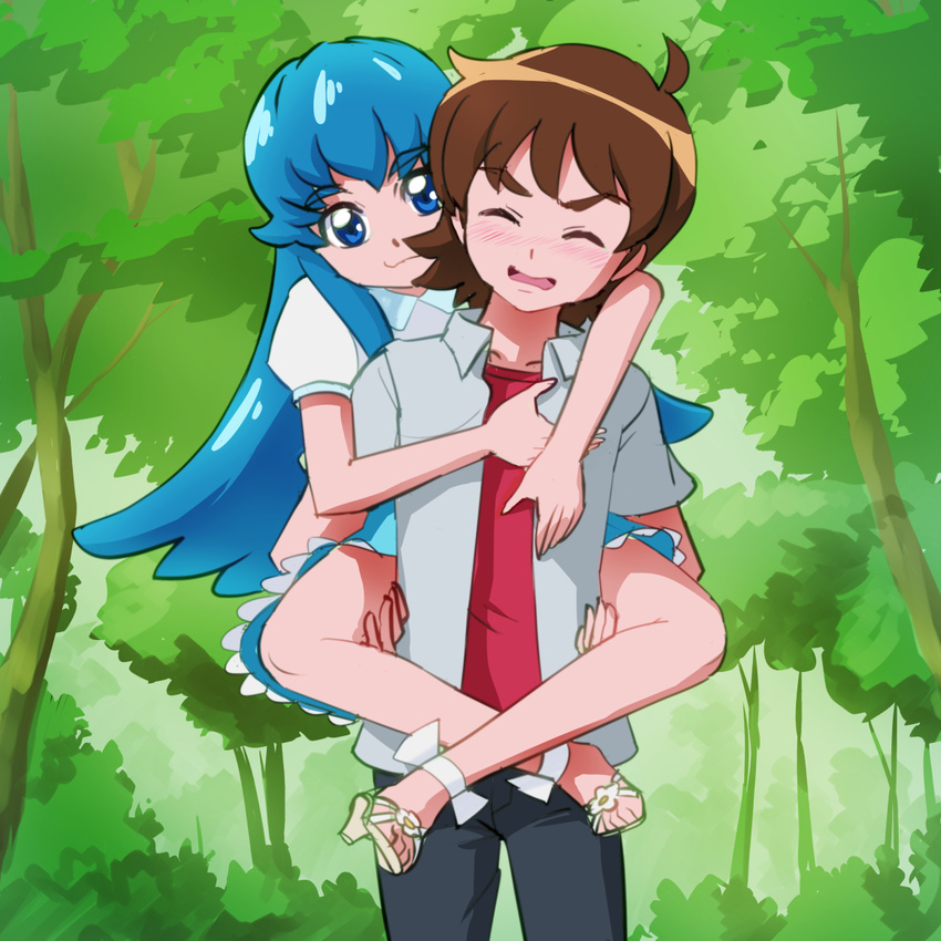 1girl bad_id bad_pixiv_id blue_eyes blue_hair blush brown_hair carrying closed_eyes dress eyelashes happinesscharge_precure! happy high_heels highres long_hair mont_blanc_(heartcatch_ayaya) piggyback precure red_shirt sagara_seiji shirayuki_hime shirt shoes short_hair smile white_dress