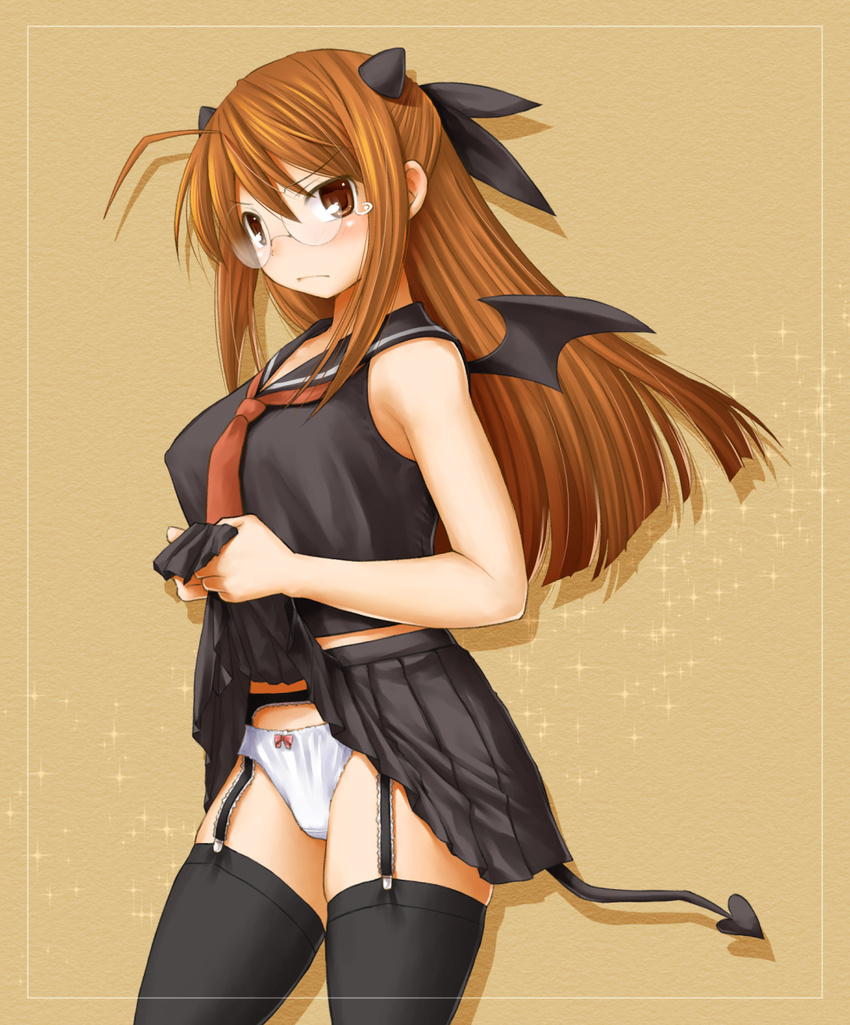 ahoge bad_id bad_pixiv_id bat_wings black_legwear breasts brown_eyes brown_hair covered_nipples demon_tail garter_belt glasses hair_ribbon half_updo hasegawa_chisame highres horns kasuga_yukihito large_breasts mahou_sensei_negima! mini_wings necktie panties pleated_skirt revision ribbon round_eyewear school_uniform skirt skirt_lift solo tail tears thighhighs underwear white_panties wings