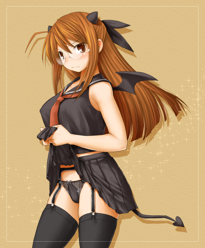 ahoge bad_id bad_pixiv_id bat_wings black_legwear black_panties breasts brown_eyes brown_hair covered_nipples demon_tail garter_belt glasses hair_ribbon half_updo hasegawa_chisame highres horns kasuga_yukihito large_breasts lingerie mahou_sensei_negima! mini_wings necktie panties pleated_skirt revision ribbon round_eyewear school_uniform skirt skirt_lift solo tail tears thighhighs underwear wings