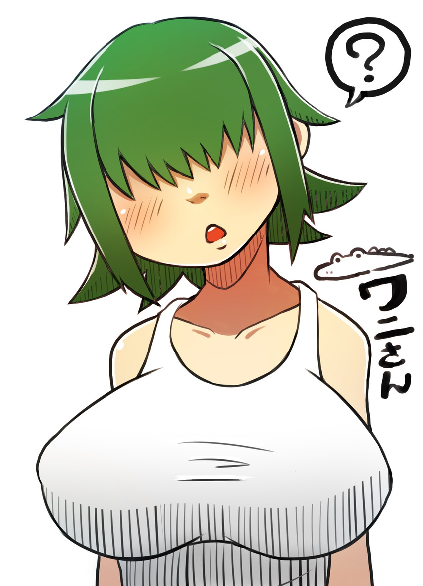 1girl ? breasts crocodile crocodilian female green_hair hair_over_eyes huge_breasts md5_mismatch open_mouth original personification shiri_ana_hiroge_tarou short_hair solo spoken_question_mark