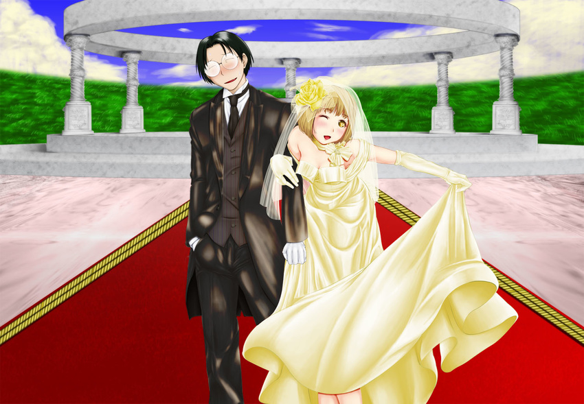 1girl black_hair blonde_hair blush breasts cleavage closed_eyes dress formal genderswap genshiken glasses gloves hato_kenjirou kuroki_masato long_dress madarame_harunobu medium_breasts necktie one_eye_closed otaku otaple short_hair skirt_hold suit wedding wedding_dress