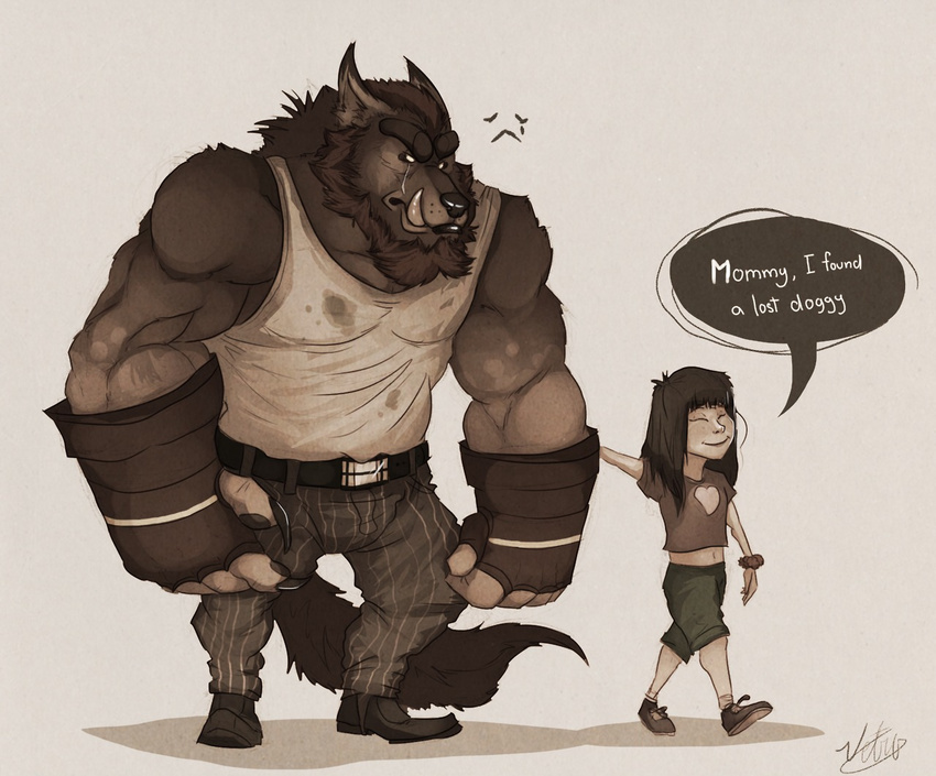 beard belt biceps big_muscles canine child clothing dialog facial_hair fangs female fingerless_gloves gloves hair human long_hair male mammal monochrome muscles pants plain_background shirt shoes shorts size_difference tears teeth text vest vetrowolf white_background wolf wristwatch young