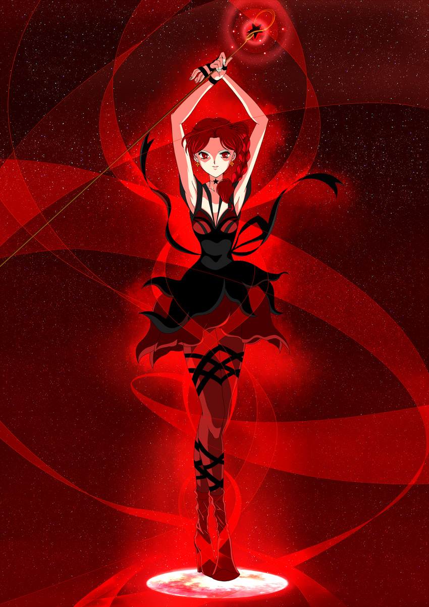 absurdres armpits arms_up bad_id bad_pixiv_id bishoujo_senshi_sailor_moon braid full_body hair_bun highres milotic_yue pantyhose ptilol_(sailor_moon) red red_background red_eyes red_hair red_legwear ribbon shoes short_hair side_ponytail skirt smile solo staff witches_5