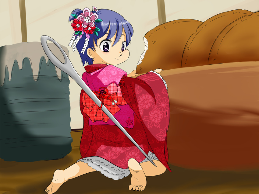:t alternate_costume alternate_hairstyle bare_legs barefoot bow bowl can cheek_bulge eating floral_print flower food food_on_face frilled_sleeves frills full_body hair_flower hair_ornament hair_up highres indoors japanese_clothes kimono leaf long_hair minigirl needle purple_eyes purple_hair red_bow senbei short_hair sleeves_past_wrists solo sukuna_shinmyoumaru tin_can touhou ukanmuri