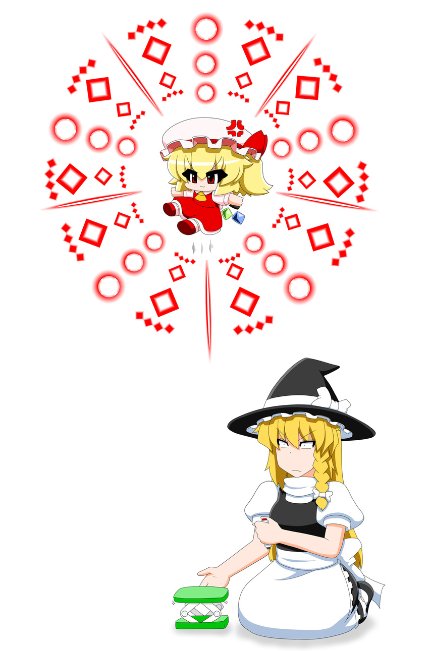 :3 anger_vein apron ascot asymmetrical_hair blonde_hair bow braid chibi danmaku fireworks flandre_scarlet hat hat_bow highres kirisame_marisa long_hair marker mob_cap multiple_girls puffy_short_sleeves puffy_sleeves red_eyes short_sleeves side_ponytail simple_background touhou v-shaped_eyebrows white_background wide-eyed witch_hat yamato_damashi