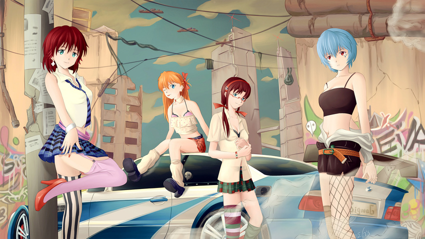 ;p against_wall arms_behind_back asymmetrical_legwear ayanami_rei belt blue_eyes bmw bracelet breasts brown_hair building camisole car city cleavage cloud collared_shirt crop_top cross cross_earrings detached_collar earrings expressionless facial_mark fishnets garter_straps glasses graffiti ground_vehicle hair_over_shoulder hair_ribbon hairband hands_together high_heels highres jewelry kirishima_mana kneehighs leg_up leg_warmers light_smile long_hair low_twintails midriff miniskirt mismatched_legwear motor_vehicle multiple_girls nail_polish navel necktie neon_genesis_evangelion neon_genesis_evangelion:_iron_maiden off_shoulder one_eye_closed orange_hair plaid plaid_skirt pleated_skirt polka_dot power_lines red-framed_eyewear red_eyes ribbon ruins sachiel shikinami_asuka_langley shirt shoes short_sleeves sitting skirt sky skyscraper sleeveless sleeveless_shirt small_breasts smile sorandia souryuu_asuka_langley standing steam striped striped_legwear thighhighs tongue tongue_out twintails two_side_up vertical-striped_legwear vertical_stripes watch wristwatch