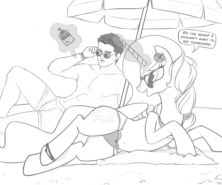 2014 abs beach bikini black_and_white bottle bracelet clothing cutie_mark dialog duo english_text equine eyewear female flower friendship_is_magic glowing hair horn human jewelry levitation magic male mammal monochrome my_little_pony necklace princess_celestia_(mlp) seaside shorts sun_lotion sunblock sunglasses swimsuit text towel txlegionnaire umbrella winged_unicorn wings