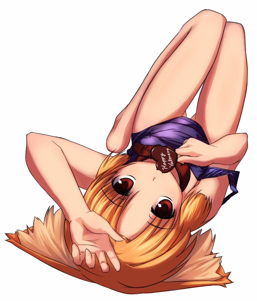 animal_ears barefoot blonde_hair chocolate collar dog_ears foreshortening hand_on_own_head hands heart highres lying on_back one-piece_swimsuit original oruta_(owata_saber) red_eyes school_swimsuit short_hair simple_background solo strap_slip swimsuit thigh_gap upside-down valentine