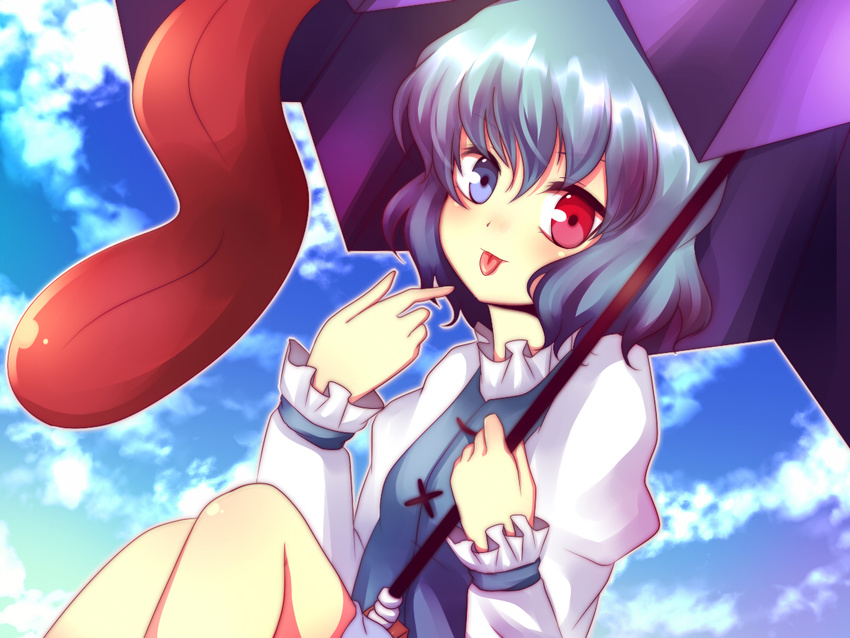 :p bad_id bad_pixiv_id blue_eyes blue_hair heterochromia karakasa_obake purple_umbrella red_eyes short_hair solo tatara_kogasa tongue tongue_out touhou umbrella uranaishi_(miraura)