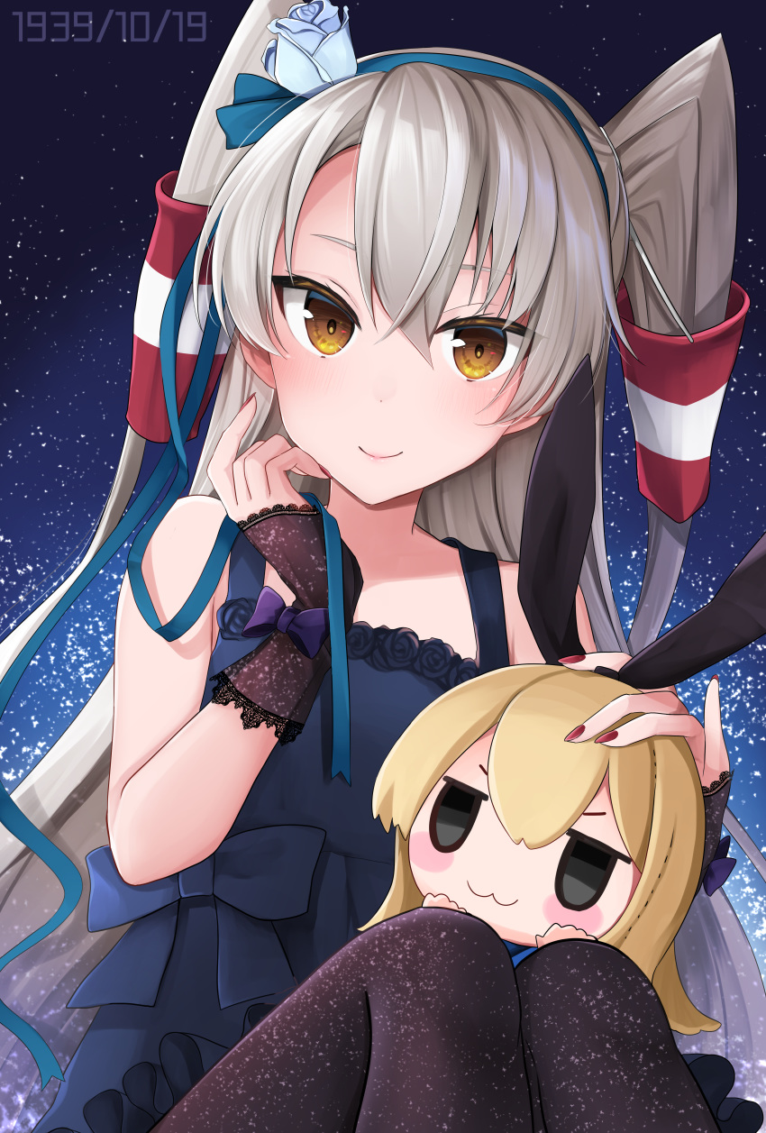 :3 absurdres amatsukaze_(kantai_collection) animal_ears black_legwear blonde_hair blue_dress blue_flower blue_hairband blush brown_eyes bunny_ears character_doll commentary dated doll dress eyebrows fingerless_gloves flower gloves hair_tubes hairband highres holding holding_doll holding_ribbon huge_filesize kantai_collection lace lace-trimmed_gloves lace_gloves lace_legwear long_hair nail_polish red_nails ribbon see-through see-through_silhouette shimakaze_(kantai_collection) silver_hair skirt sky sleeveless sleeveless_dress smile solo star_(sky) starry_sky two_side_up yunamaro