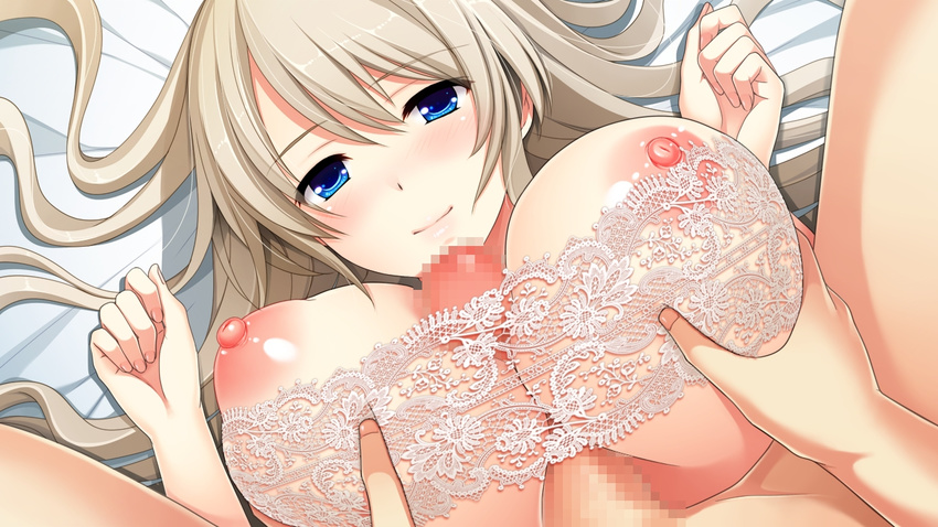 blonde_hair blue_eyes blush breast_grab breasts censored game_cg grabbing hoshi_ori_yume_mirai huge_breasts koizumi_amane lace long_hair lying mosaic_censoring nipples okihara_misa on_back paizuri paizuri_under_clothes penis pov smile