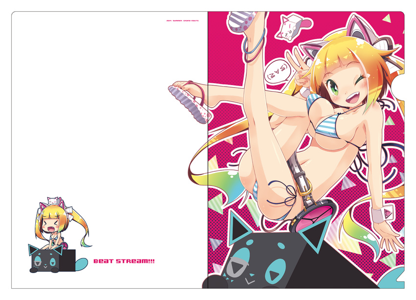 &gt;_&lt; :&gt; ;d animal anklet beatstream belt bemani bikini bisco_(beatstream) blonde_hair breasts buckle cat chibi closed_eyes full_body green_eyes hirose_madoka jewelry large_breasts legs_up long_hair looking_at_viewer navel one_eye_closed open_mouth sandals smile solo striped striped_bikini swimsuit takahashi-san twintails v wrist_cuffs