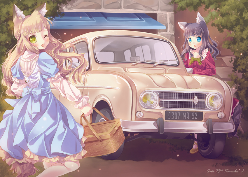 2girls animal_ears basket black_hair blue_eyes blush braid brown_hair car commentary_request dress garage green_eyes hanakomiti long_hair motor_vehicle multiple_girls open_mouth original outdoors smile tail vehicle_focus wavy_hair