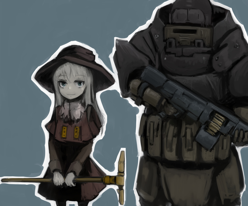 absurdres armor blonde_hair bomb_suit bulletproof_vest dress green_eyes gun hat highres load_bearing_vest long_dress machine_gun original pouch simple_background size_difference smile steeam visor weapon witch witch_hat