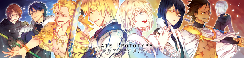 6+boys absurdres archer_(fate/prototype) arthur_pendragon_(fate) bad_id bad_pixiv_id blonde_hair blue_hair brown_hair cu_chulainn_(fate/prototype) dark_skin excalibur_(fate/prototype) fate/prototype fate/prototype:_fragments_of_blue_and_silver fate_(series) hassan_of_serenity_(fate) heru_(goldprin) highres long_image multiple_boys multiple_girls ozymandias_(fate) paracelsus_(fate) perseus_(fate) sajou_manaka wide_image