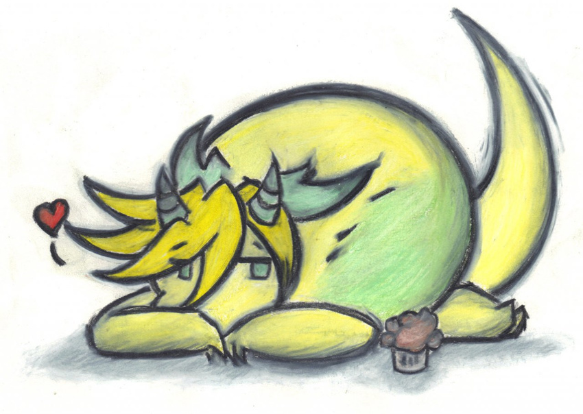 &lt;3 ambiguous_gender belly blonde_hair blue_eyes cute dragon fae_stranger feral food green_skin hair happy horn lying meeko_pilotto muffin on_stomach overweight plain_background shadow solo tailwag tiny_wings traditional_media white_background yellow_skin