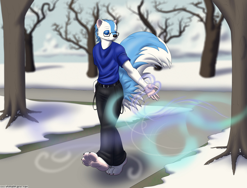 5_fingers 5_toes anthro barefoot blue_fur blue_sclera clothing fluffy_tail fur hand_in_pocket human_hands immelmann looking_at_viewer magic magic_user male mammal melting no_pupils pants park paws pince-nez relaxing shirt skunk snow solo suspenders toes tree walking white_fur winter