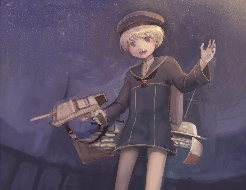 akiho_hayuu bad_id bad_pixiv_id blonde_hair blue_eyes bottomless hat highres holding kantai_collection long_sleeves machinery military military_uniform night night_sky open_mouth outdoors sailor_collar sailor_hat short_hair sky smile solo star_(sky) starry_sky turret uniform z1_leberecht_maass_(kantai_collection)