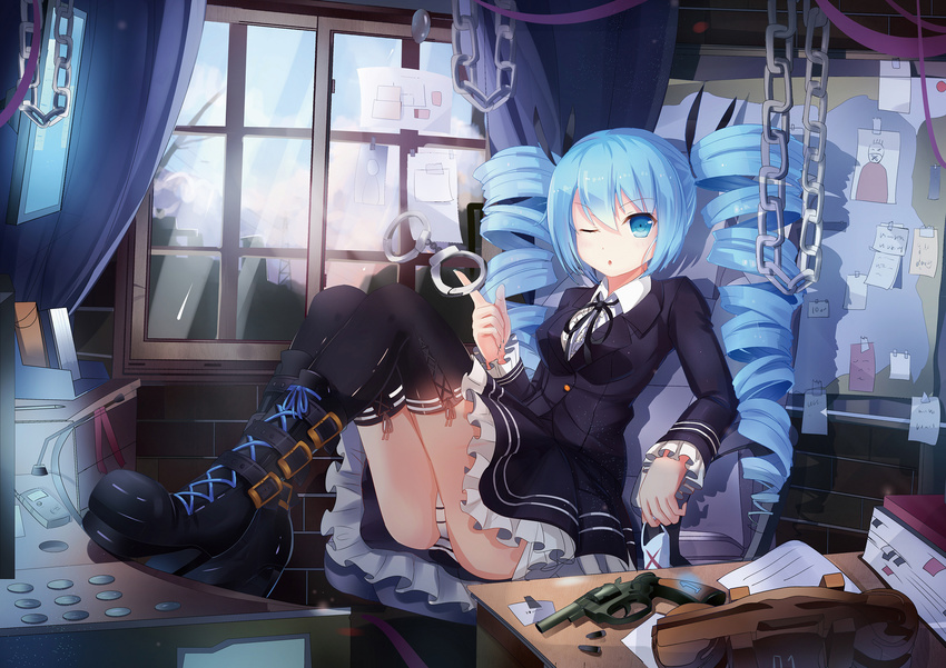 aqua_eyes blue_hair boots chain cross-laced_footwear cuffs dark_angel_(module) dress drill_hair gun handcuffs handgun hatsune_miku highres himitsu_keisatsu_(vocaloid) lace-up_boots long_hair one_eye_closed panties project_diva_(series) project_diva_f revolver sitting solo striped striped_panties thighhighs twin_drills twintails underwear vocaloid weapon window zerii_(cdcdqqq)