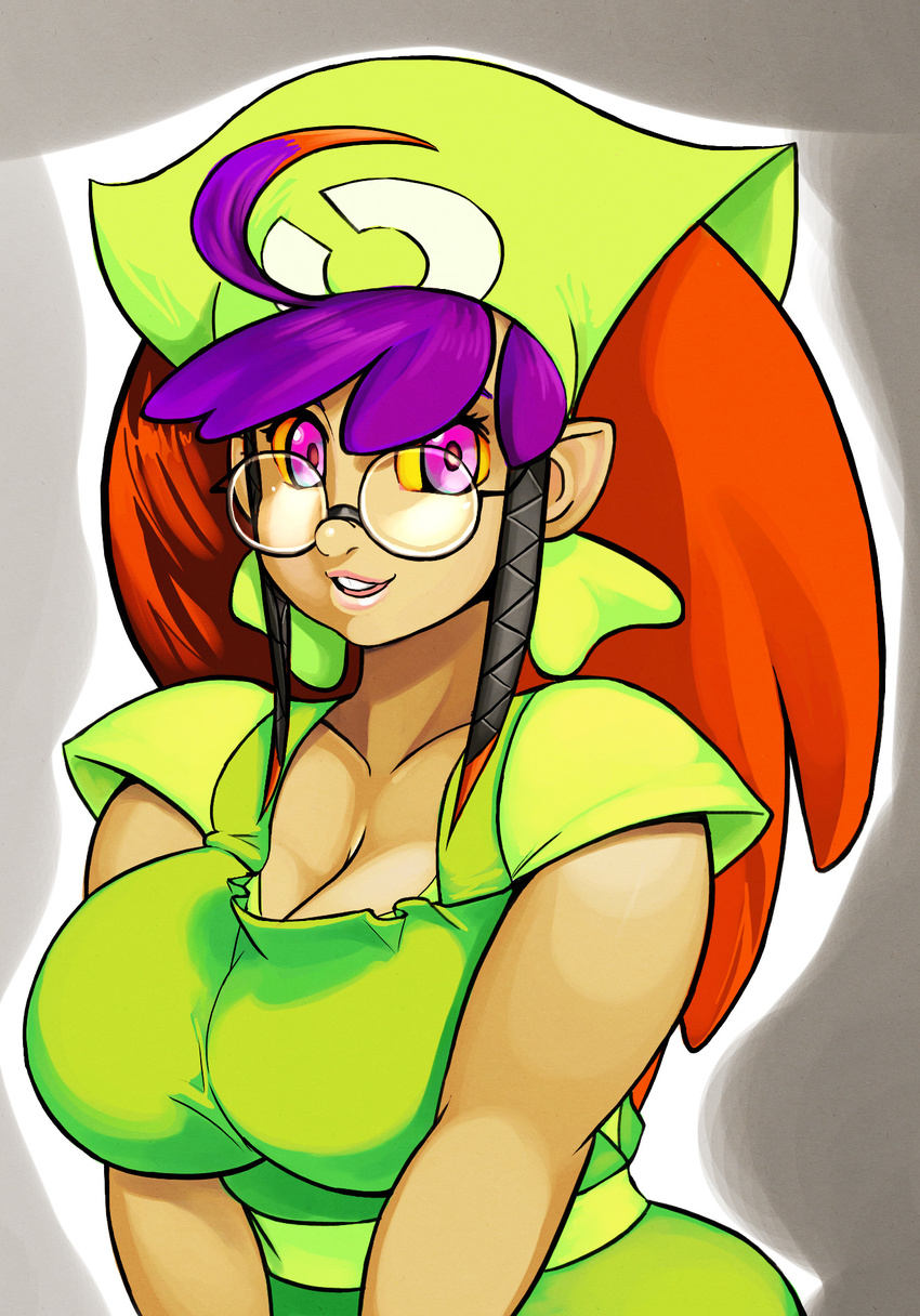 ahoge bandana breasts cleavage curvy elazuls-core glasses gradient_hair highres huge_ahoge large_breasts lips long_hair multicolored_hair nose orange_hair parted_lips pink_eyes pointy_ears pokemon pokemon_(game) pokemon_breeder_(pokemon) purple_hair round_eyewear smile solo tan v_arms yellow_sclera