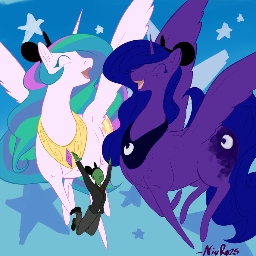 2014 anon anonymous blue_hair clothing cutie_mark disney equine eyes_closed female feral friendship_is_magic fur group hair happy horn long_hair mammal multi-colored_hair my_little_pony nivrozs open_mouth princess_celestia_(mlp) princess_luna_(mlp) white_fur winged_unicorn wings