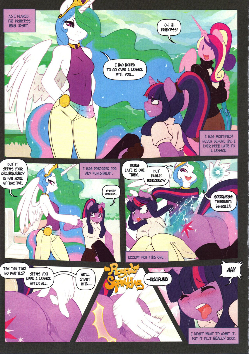 blush clothing english_text equine female friendship_is_magic hair horse leche legwear mammal my_little_pony pony princess_cadance_(mlp) princess_celestia_(mlp) princess_molestia_(mlp) pussy pussy_juice royal_spanking spanking text twilight_sparkle_(mlp) two_tone_hair