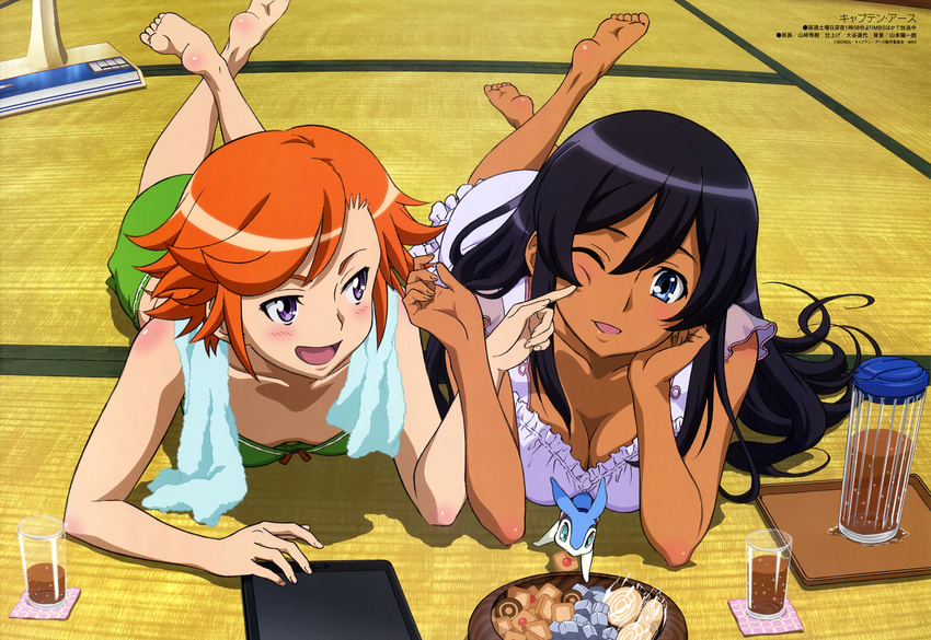 absurdres animedia barefoot black_hair breasts captain_earth cheek_poking cleavage cup dark_skin downblouse drink drinking_glass glass green_eyes head_tilt highres large_breasts long_hair looking_at_viewer looking_back lying multiple_girls mutou_hana official_art on_stomach pitz plater poking scan small_breasts soles towel towel_around_neck tray very_long_hair yamazaki_hideki yomatsuri_akari