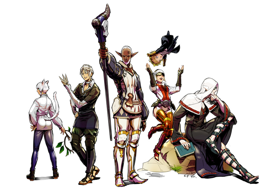 animal_ears book cat_ears cat_tail final_fantasy final_fantasy_xiv greaves highres louisoix_leveilleur menskan multiple_boys multiple_girls papalymo pointy_ears rock sandals staff tail thancred urianger_augurelt white_background y'shtola y'shtola yda_(ff14) yda_(final_fantasy_xiv)