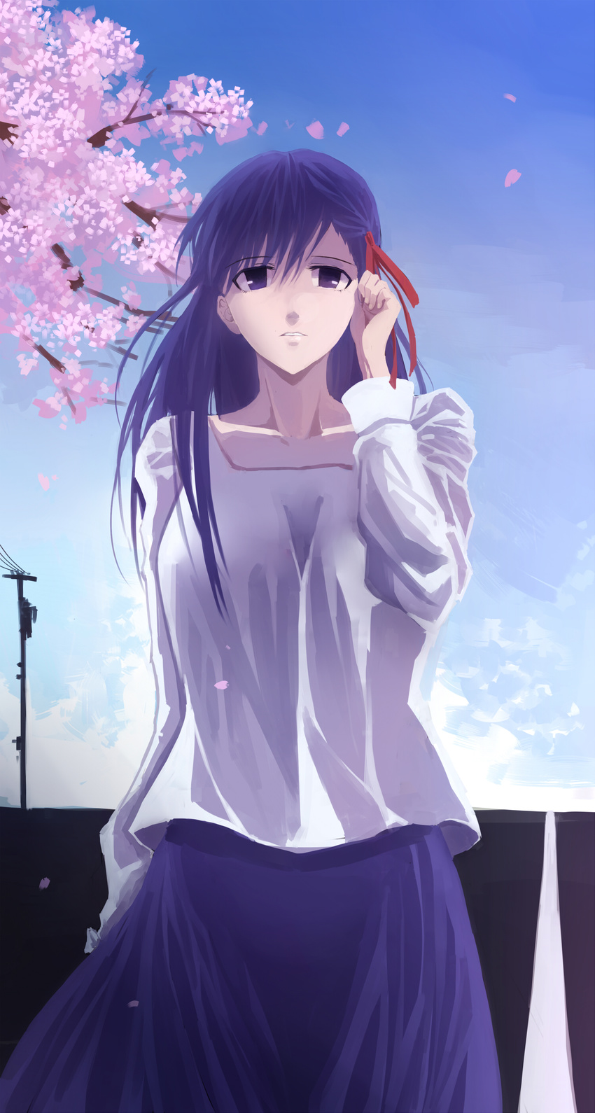 1girl absurdres bad_id bad_pixiv_id cherry_blossoms day fate/stay_night fate_(series) hair_ribbon hei_tong_shi highres long_hair matou_sakura official_alternate_costume purple_eyes purple_hair ribbon sky solo