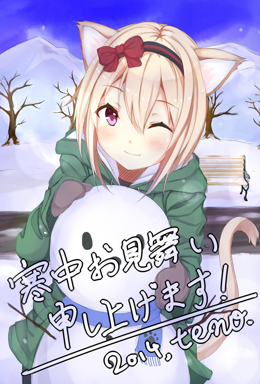 96tuki animal_ears cat_ears cat_tail coat fang hair_ornament hairband highres light_brown_hair looking_at_viewer mittens one_eye_closed original pink_eyes scarf short_hair snow snowman solo tail translation_request