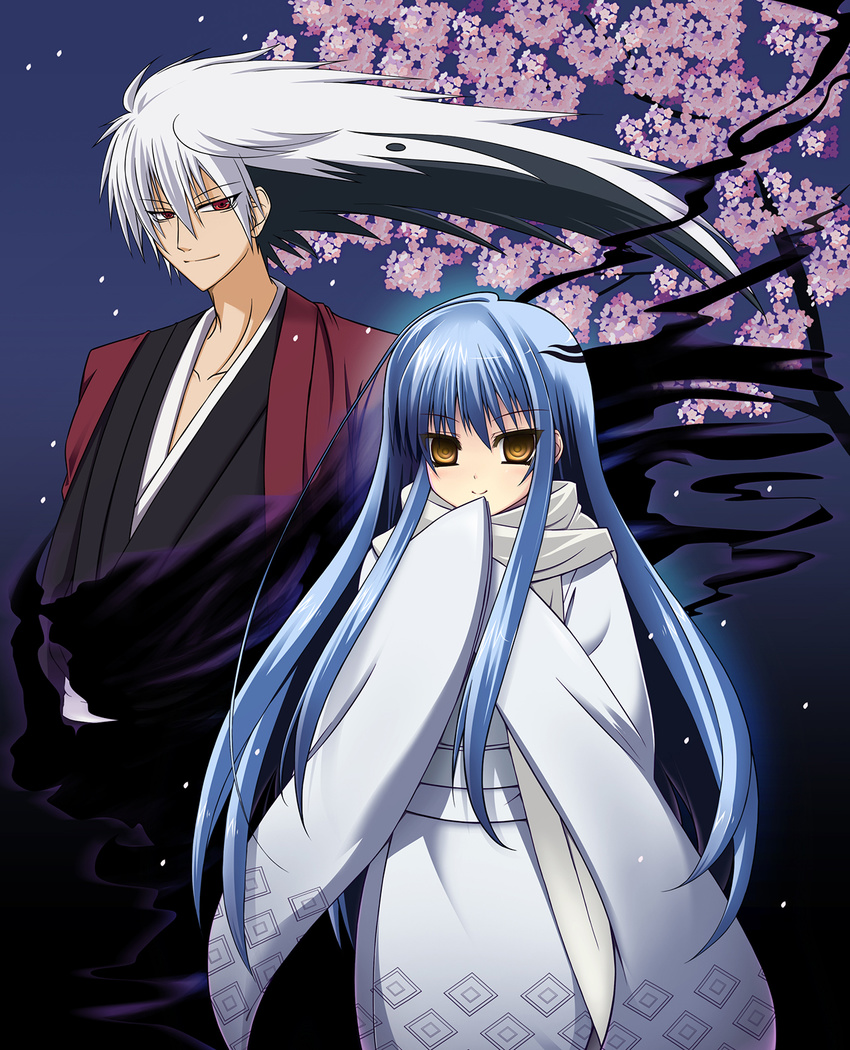 1girl black_hair blue_hair cherry_blossoms eyebrows_visible_through_hair highres japanese_clothes kimono long_hair long_sleeves looking_at_viewer multicolored_hair nura_rikuo nurarihyon_no_mago oomugi_genmai red_eyes sleeves_past_wrists smile two-tone_hair very_long_hair white_hair wide_sleeves yellow_eyes yuki_onna_(nurarihyon_no_mago)