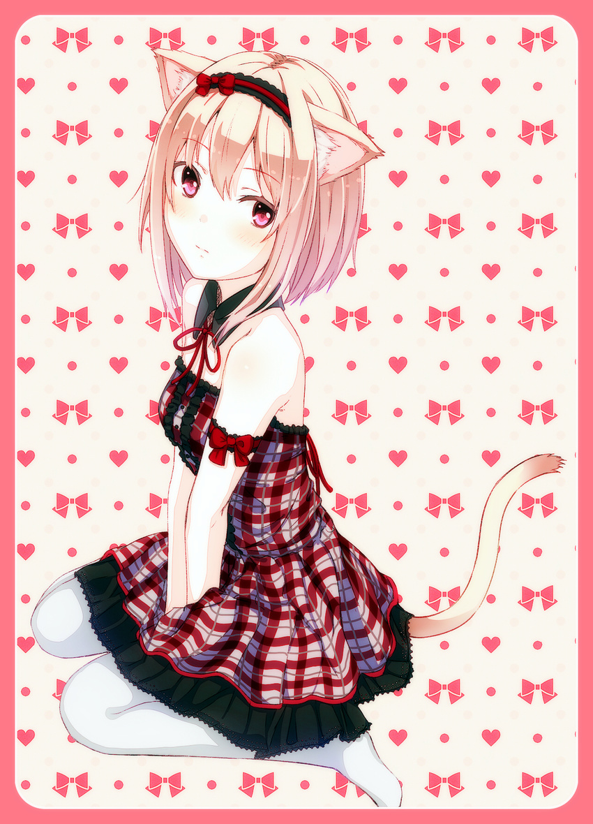 3: 96tuki animal_ears bare_shoulders cat_ears cat_tail detached_collar highres light_brown_hair looking_at_viewer no_shoes original pink_eyes plaid plaid_skirt pleated_skirt short_hair sitting skirt solo tail white_legwear