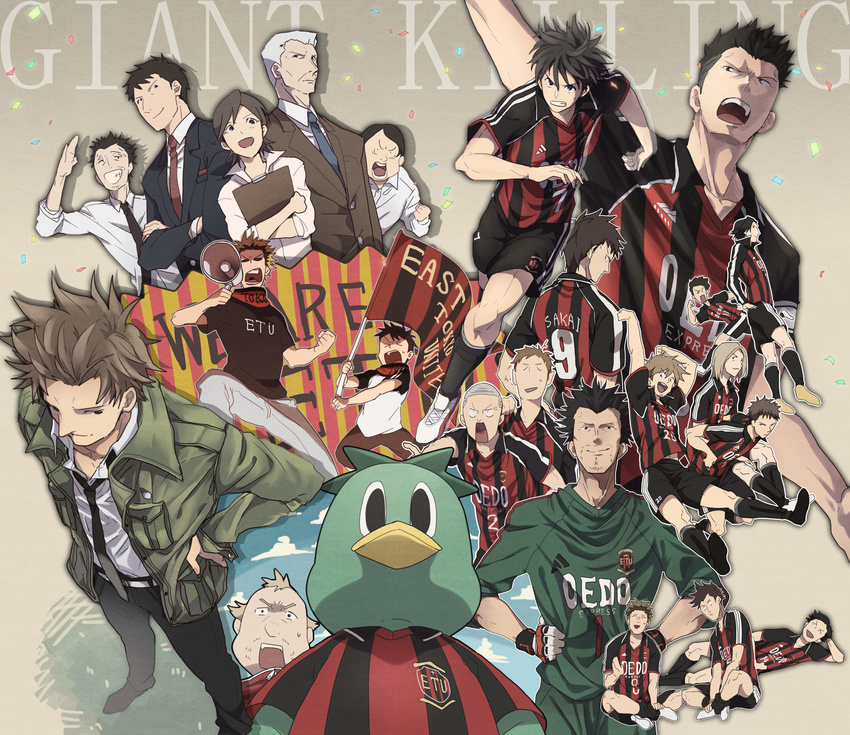 6+boys absurdres akasaki_ryou black_hair brown_hair flag formal gabu_kichi giant_killing gotou_kousei highres hotta_kenji ishigami_tatsuo ishihama_osamu jacket kappa kiyokawa_kazumi kuroda_kazuki loudspeaker midorikawa_hiroshi multiple_boys murakoshi_shigeyuki nagata_yuri natsuki_youtarou pakka-kun sakai_yoshinori sera_kyouhei soccer soccer_uniform sportswear sugie_yuusaku suit tatsumi_takeshi tsubaki_daisuke yoshida_luigi