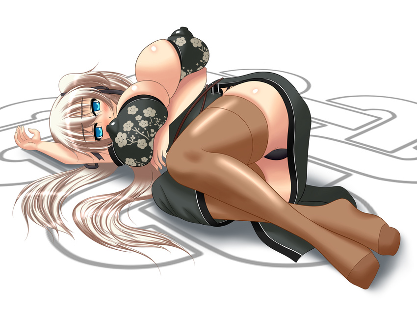 1girl akamaru blonde_hair blue_eyes breast_lift breasts bursting_breasts erect_nipples female hair_ribbon huge_breasts legwear long_hair lying mabinogi nao nao_(mabinogi) nipples puffy_nipples ribbon shiny shiny_skin suzuneko thighs twintails