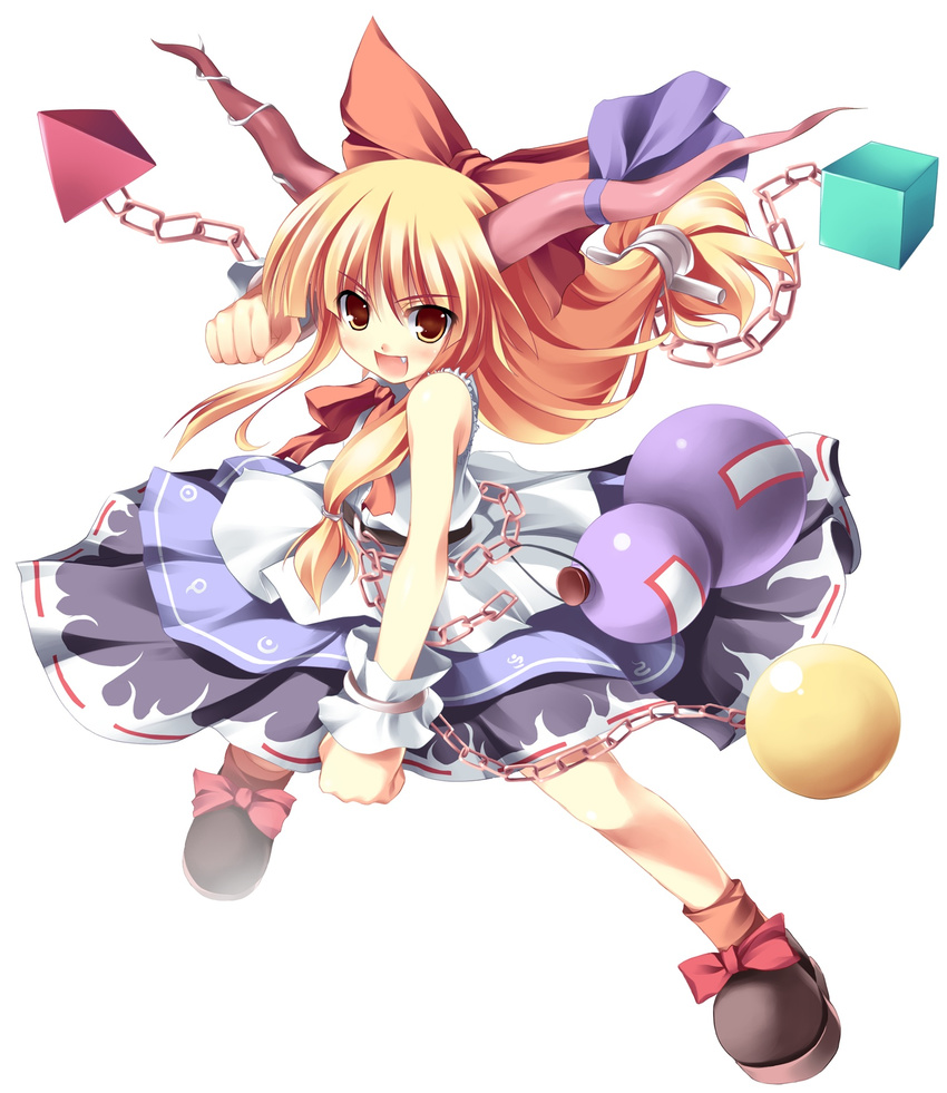 :d ball bangs bare_shoulders black_footwear blunt_bangs bow brown_legwear chain clenched_hand cube fang gourd hair_bow highres horn_ribbon horns ibuki_suika long_hair looking_at_viewer low-tied_long_hair neck_ribbon open_mouth orange_eyes orange_hair purple_ribbon pyramid red_bow red_ribbon ribbon shirt shoe_bow shoes simple_background skirt skirt_set sleeveless sleeveless_shirt smile socks solo source_request tateha_(marvelous_grace) touhou v-shaped_eyebrows white_background