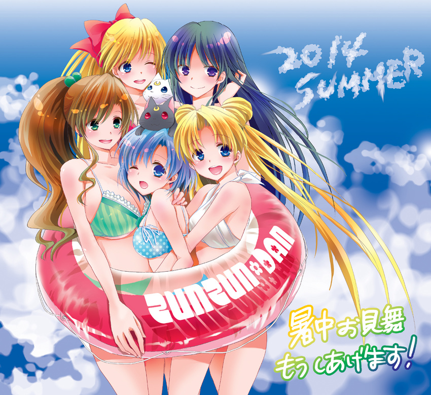 5girls aino_minako animal animal_on_head artemis_(sailor_moon) bikini bishoujo_senshi_sailor_moon black_hair blonde_hair blue_bikini blue_eyes blue_hair blush bow breasts brown_hair cat cat_on_head day double_bun girl_sandwich green_bikini green_eyes hair_bobbles hair_ornament hair_ribbon hino_rei innertube kino_makoto large_breasts long_hair luna_(sailor_moon) medium_breasts mizuno_ami multiple_girls on_head one_eye_closed open_mouth ponytail purple_eyes red_bikini red_bow ribbon sandwiched shinogiri_zun shiny shiny_hair short_hair swimsuit tsukino_usagi underboob white_bikini