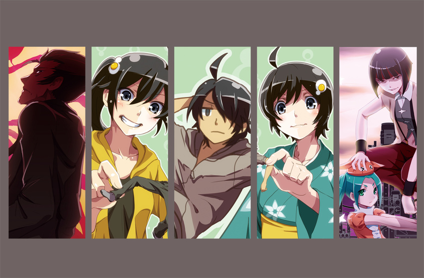 4girls aqua_hair araragi_karen araragi_koyomi araragi_tsukihi black_eyes black_hair column_lineup fried_egg hat japanese_clothes kagenui_yozuru kaiki_deishuu kimono long_hair monogatari_(series) multiple_boys multiple_girls nisemonogatari ononoki_yotsugi purple_hair s.h.v short_hair side_ponytail