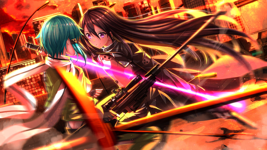 1boy 1girl anti-materiel_rifle armor beam_saber black_hair blue_hair bolt_action breastplate bullet butt_crack cityscape commentary_request energy energy_beam energy_sword glowing glowing_sword glowing_weapon gun highres holding holding_gun holding_sword holding_weapon kagemitsu_g4 kirito kirito_(sao-ggo) lightsaber long_hair motion_blur outdoors pgm_hecate_ii purple_eyes rifle ruins science_fiction short_hair sinon smile sniper_rifle sword sword_art_online swordsouls very_long_hair weapon