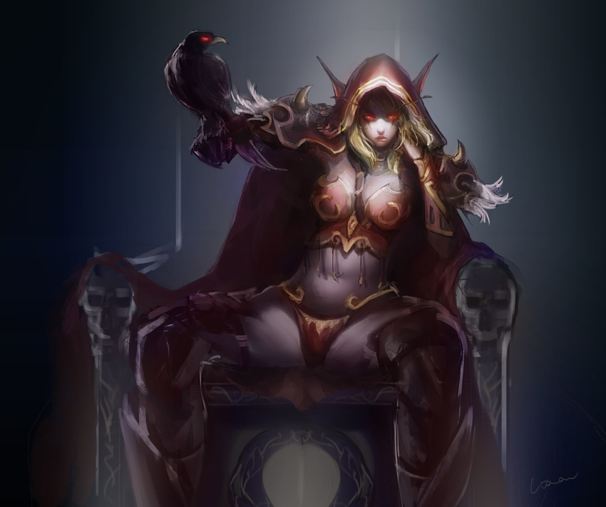 armor between_breasts bikini_armor bird bird_on_hand blonde_hair bracer breasts cape caviar_(lunar_sama) chin_rest cleavage dark_background elf glowing glowing_eyes greaves highres leaning_back lips looking_at_viewer medium_breasts midriff navel pauldrons pointy_ears raven_(animal) red_eyes signature sitting solo spread_legs sylvanas_windrunner throne warcraft world_of_warcraft