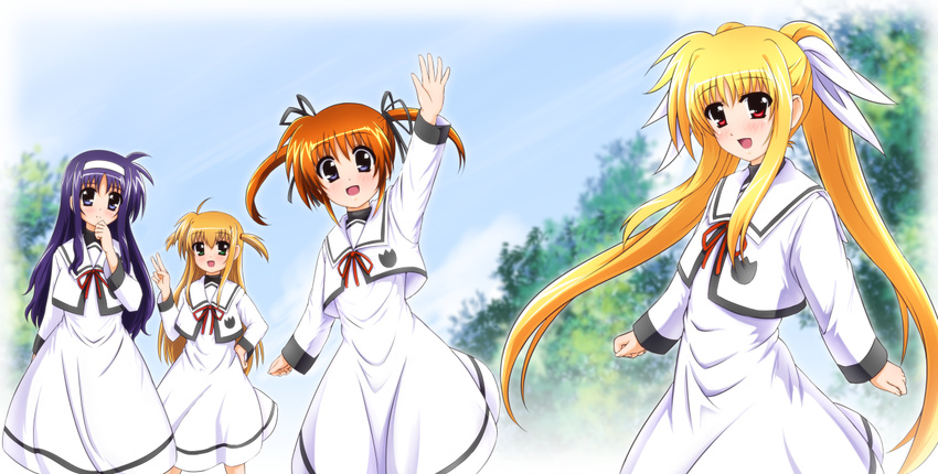 arisa_bannings blonde_hair blue_eyes diesel-turbo fate_testarossa green_eyes hair_ribbon hairband long_hair looking_at_viewer lyrical_nanoha mahou_shoujo_lyrical_nanoha mahou_shoujo_lyrical_nanoha_a's multiple_girls open_mouth purple_eyes purple_hair red_eyes red_hair ribbon school_uniform seishou_elementary_school_uniform short_hair takamachi_nanoha tsukimura_suzuka twintails very_long_hair waving