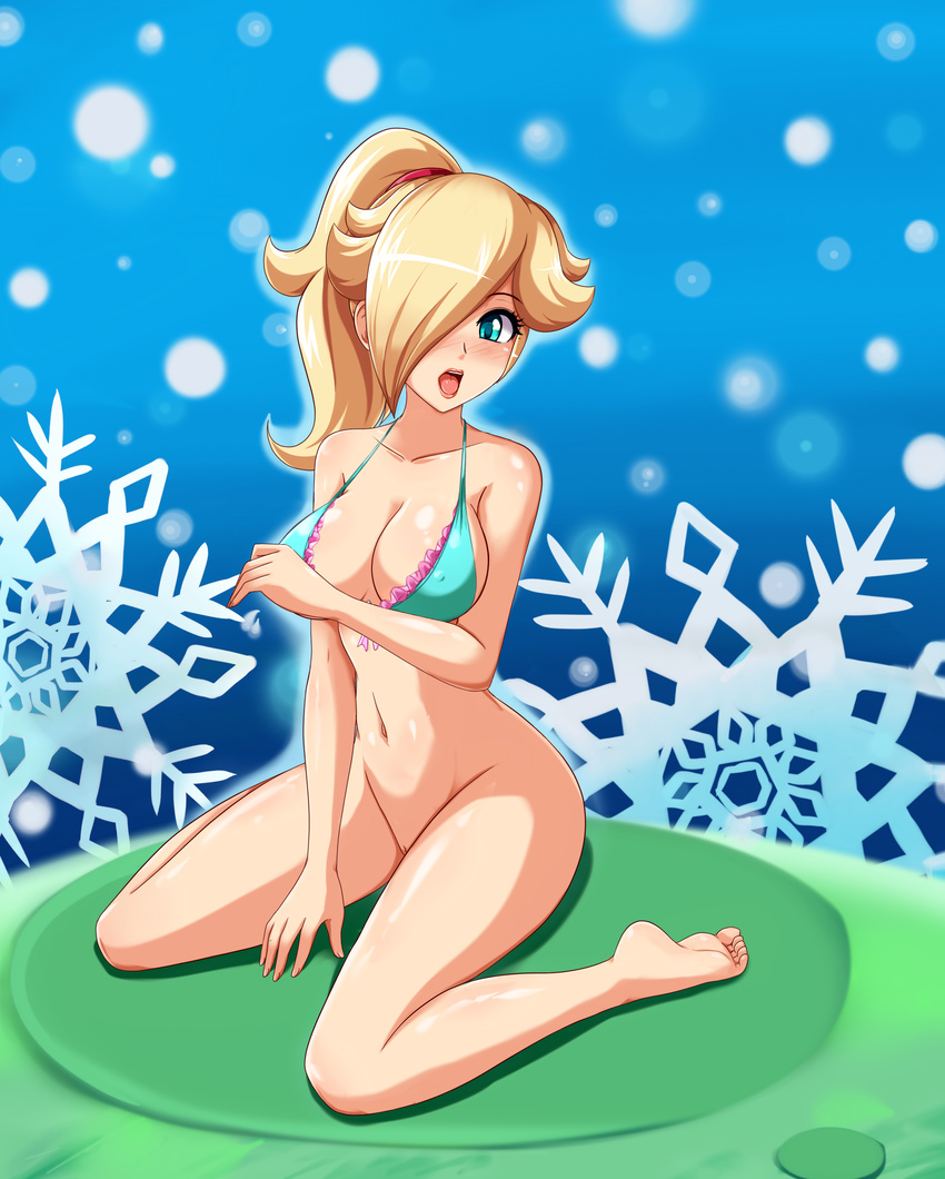 alternate_hairstyle aqua_eyes barefoot between_legs bikini blonde_hair blue_eyes blush bottomless breasts cleavage feet frilled_bikini frills front-tie_bikini front-tie_top hair_over_one_eye hand_between_legs hands highres large_breasts long_hair looking_at_viewer navel nintendo open_mouth photoshop ponytail pussy rosalina_(mario) rosetta_(mario) sigurd_hosenfeld sigurdhosenfeld sitting smile soles solo star super_mario_bros. super_mario_galaxy swimsuit toes uncensored v_arms wariza